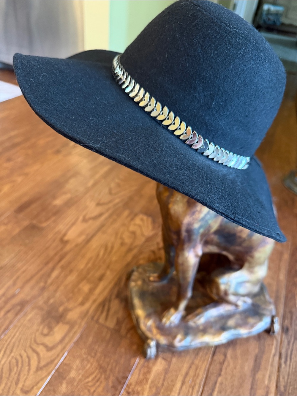 INC International Concepts Black Wide-Brim Hat with Metallic Leaf Band